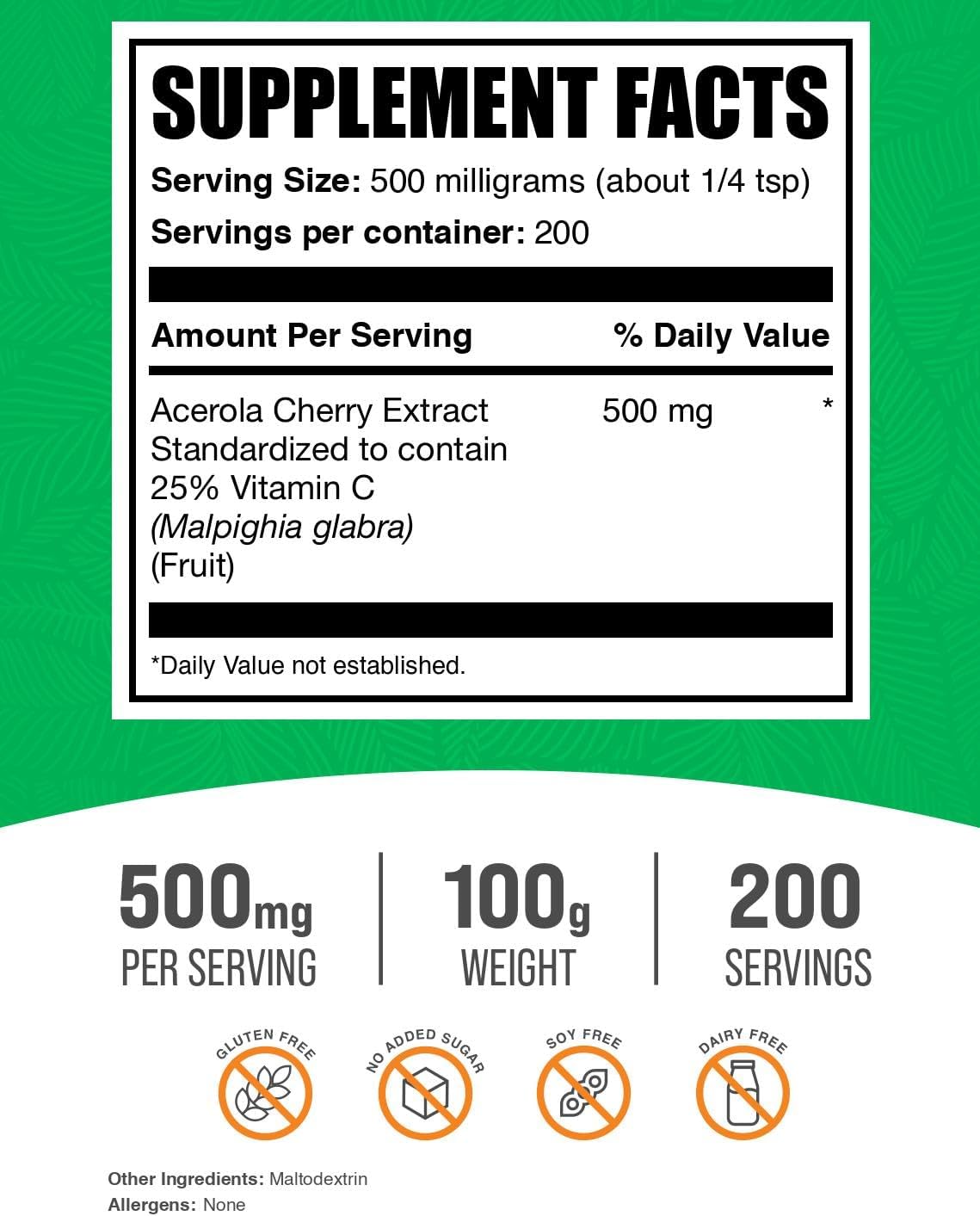 BulkSupplements.com Acerola Cherry Extract Powder - Vegan & Gluten Free Vitamin C Supplement, 500mg per Serving, 100g (3.5 oz) - Pack of 1