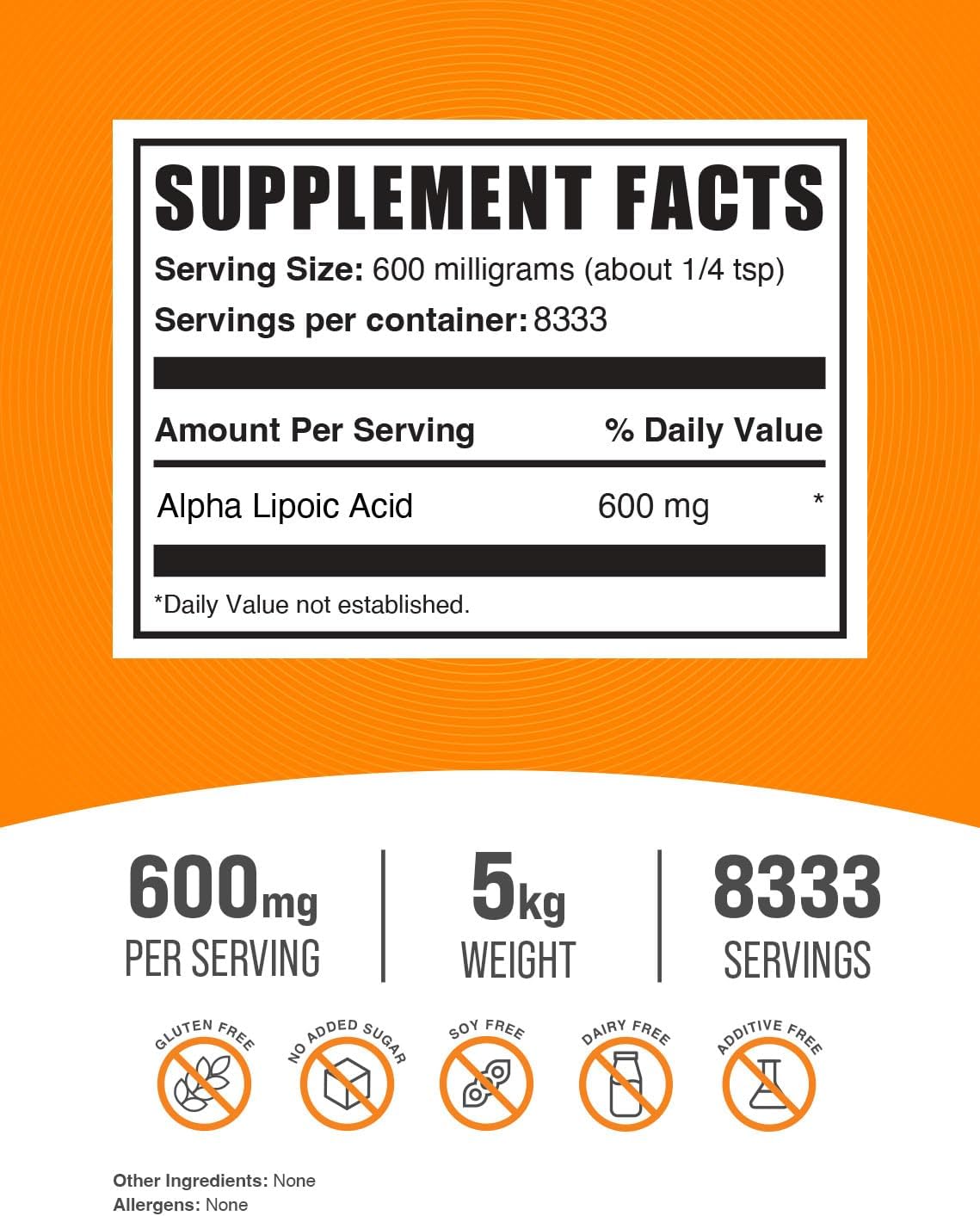 BulkSupplements.com Alpha Lipoic Acid Powder - 600mg ALA Supplement, Gluten Free - 5kg (11 lbs) (Pack of 5)
