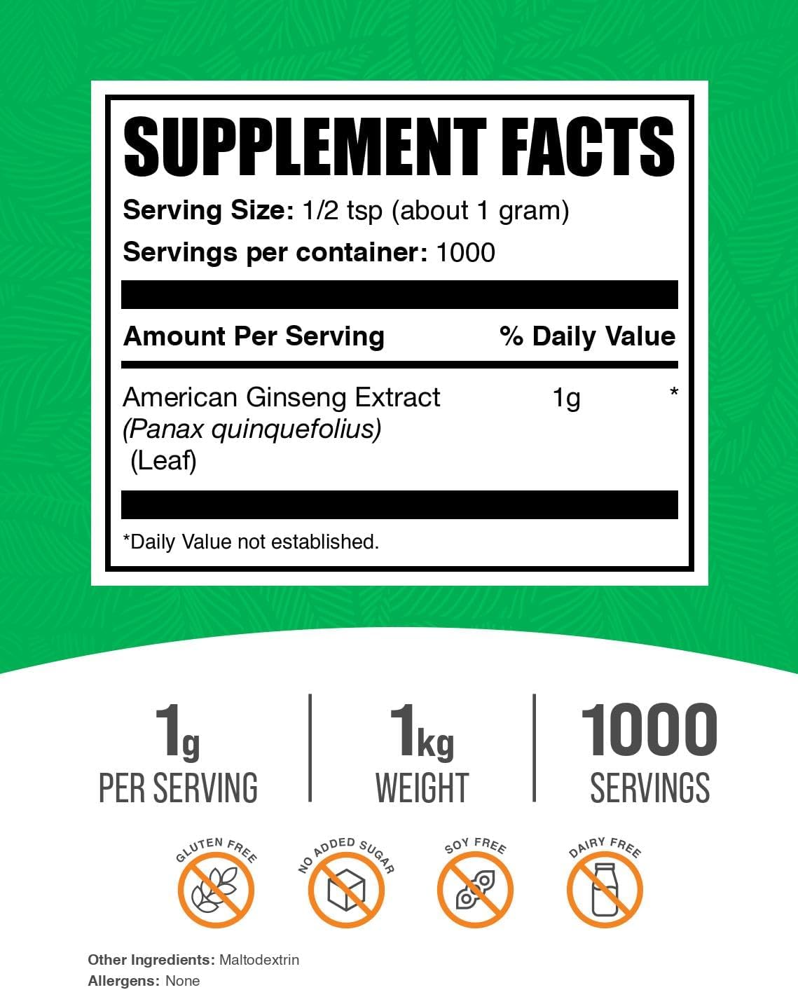 BulkSupplements.com American Ginseng Extract Powder - 1kg (2.2 lbs) - Gluten Free Ginseng Supplement - 1000mg per Serving - Herbal Supplements - Pack of 1