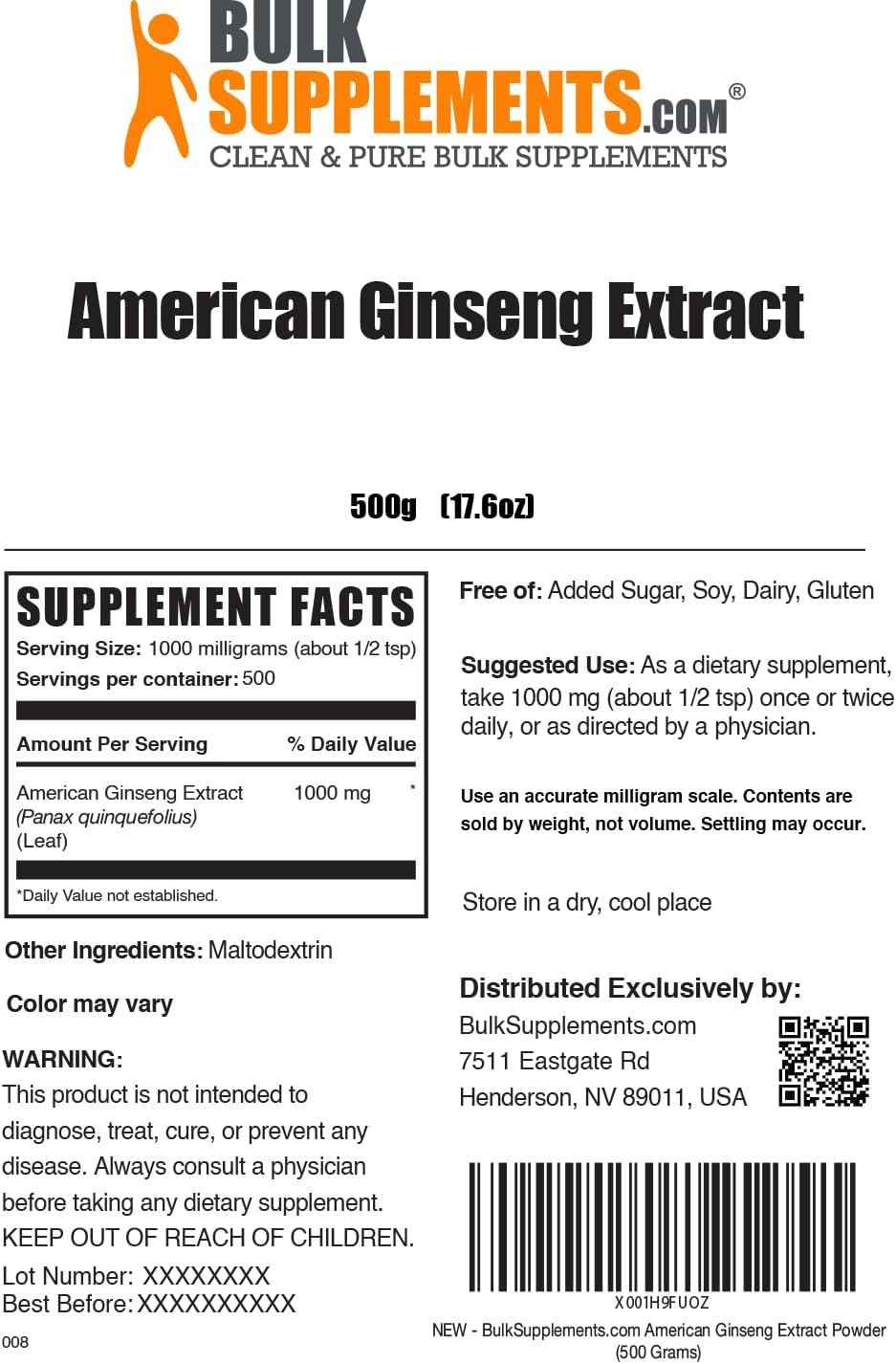BulkSupplements.com American Ginseng Extract Powder - 500g (1.1 lbs) - 1000mg per Serving - Gluten Free - Ginseng Supplement