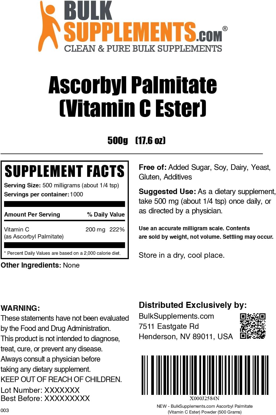 BulkSupplements.com Ascorbyl Palmitate Powder - 500g (1.1 lbs) - High Quality Vitamin C Supplement - Gluten Free - 500mg per Serving