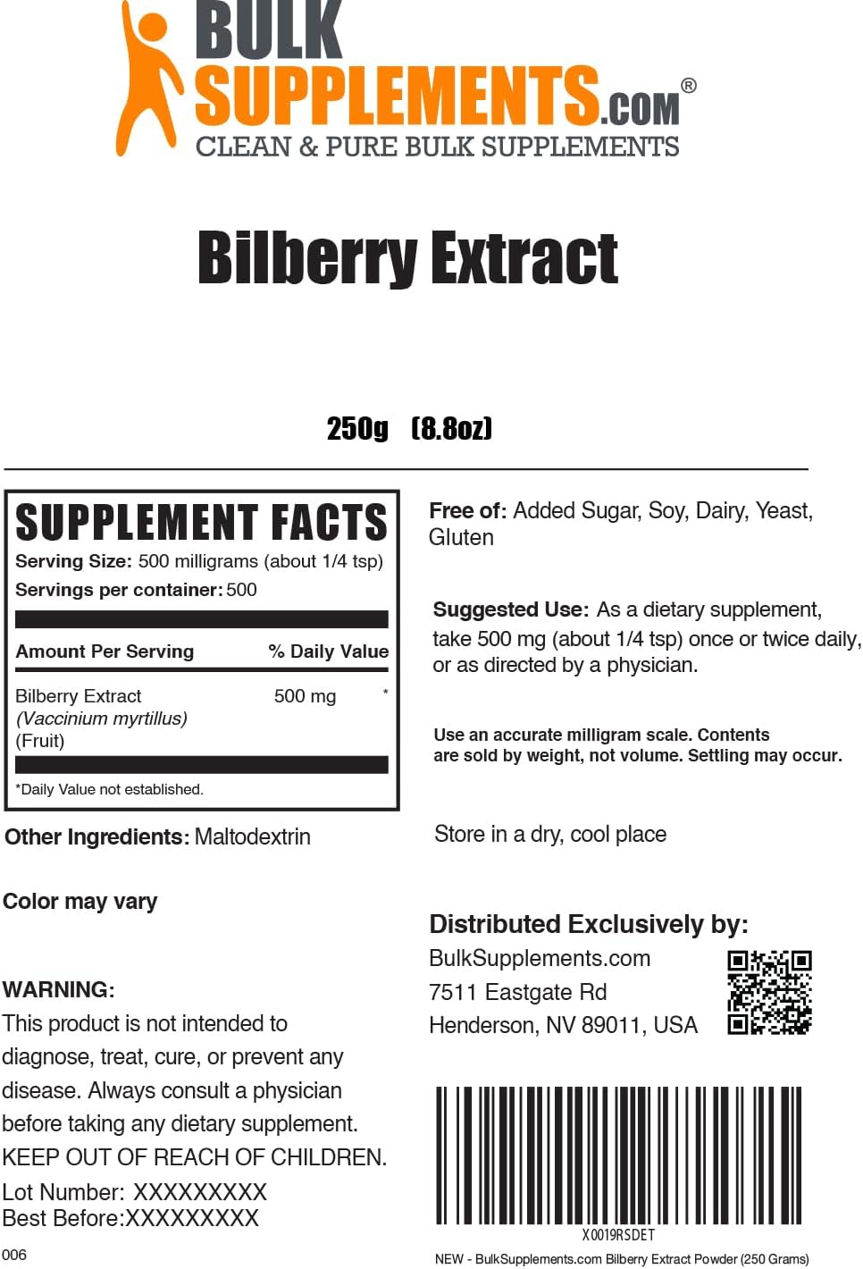 BulkSupplements.com Bilberry Extract Powder - Natural Bilberry Fruit Supplement for Eye Health - Gluten-Free, 500mg per Serving, 250g (8.8 oz)