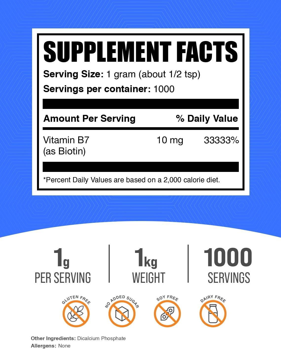 BulkSupplements.com Biotin Powder 10000mcg - Vitamin B7 for Hair, Skin, Nails - Gluten Free, 1000mg per Serving, 1kg (2.2 lbs)