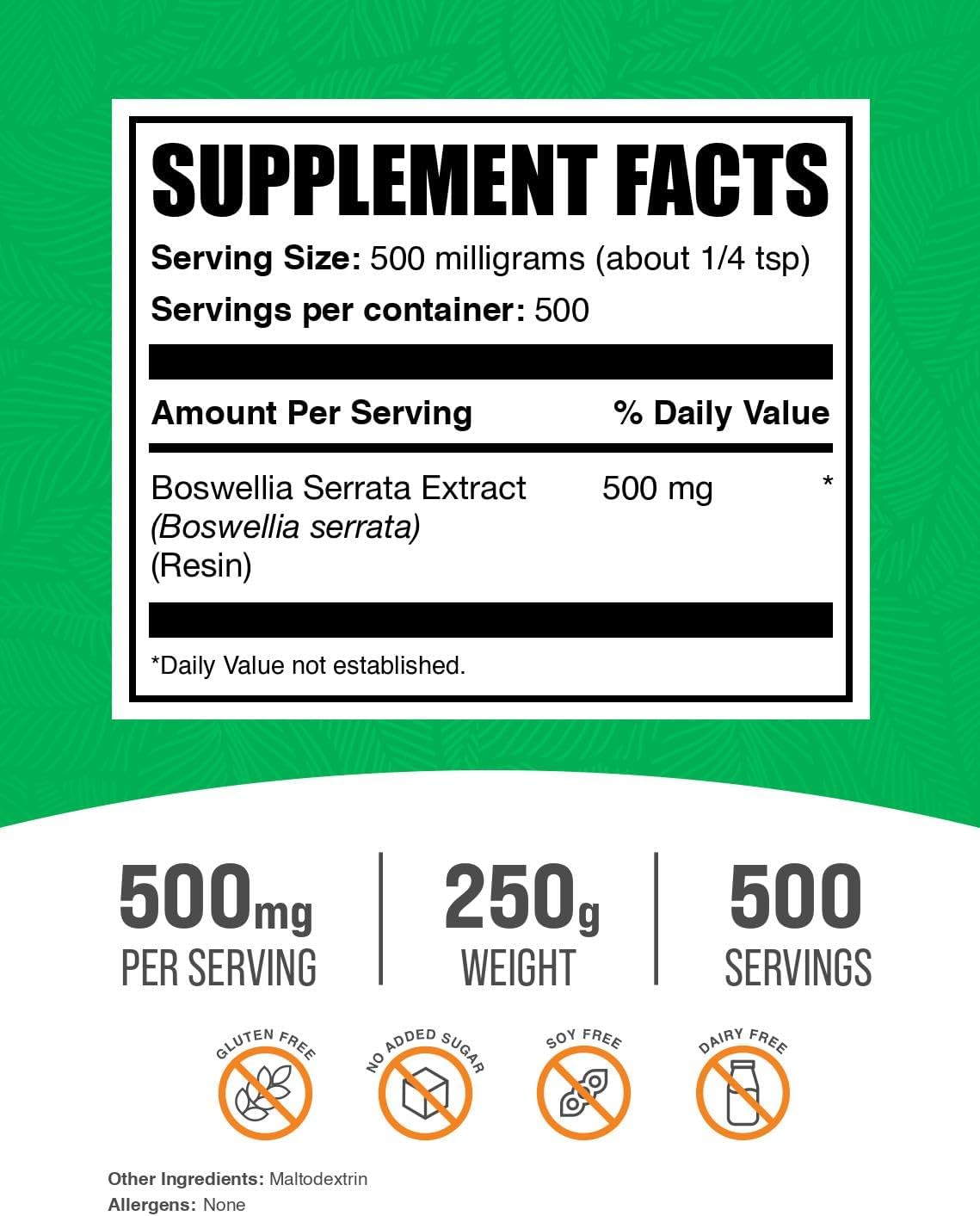 BulkSupplements.com Boswellia Serrata Extract Powder - Pure Frankincense Resin Extract, 500mg per Serving, 250g - Herbal Supplement, Gluten Free