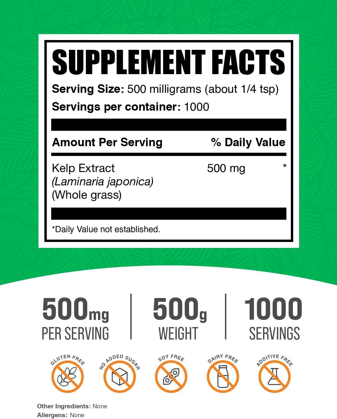 BulkSupplements.com Brown Seaweed Extract Powder - Kelp Supplement, Gluten Free, 500mg per Serving, 500g (1.1 lbs)
