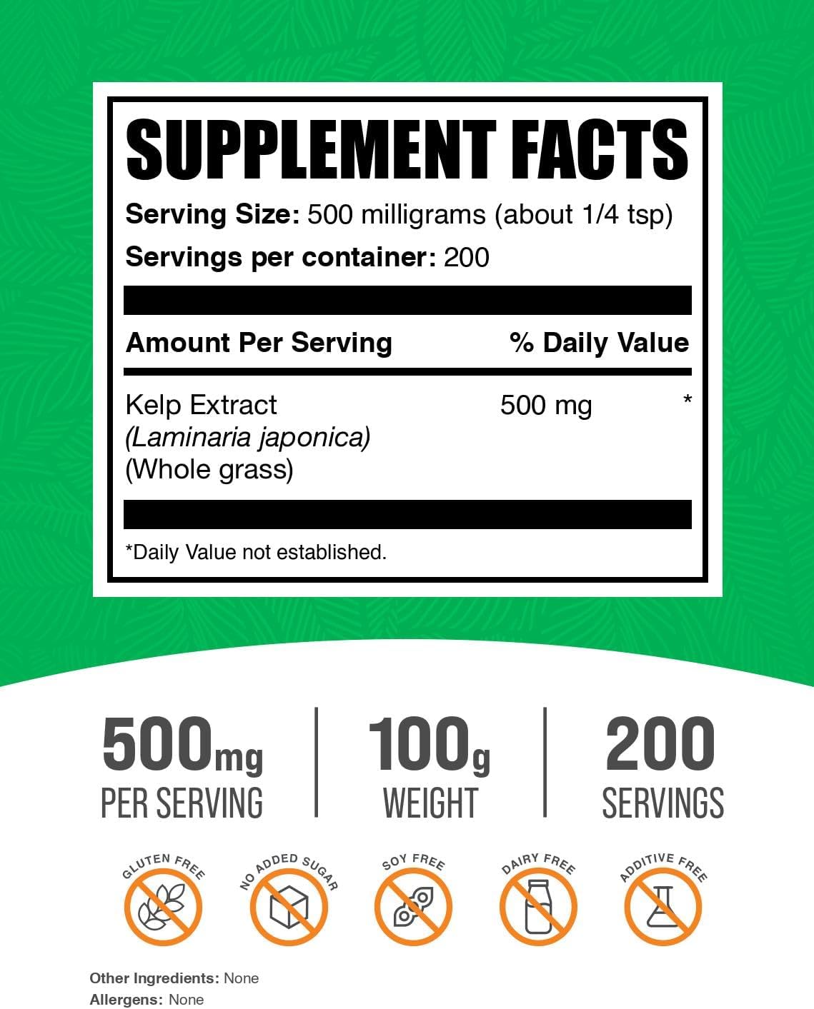 BulkSupplements.com Brown Seaweed Extract Powder - Gluten-Free Kelp Supplement, 500mg per Serving - 100g (3.5 oz) Pack of 1