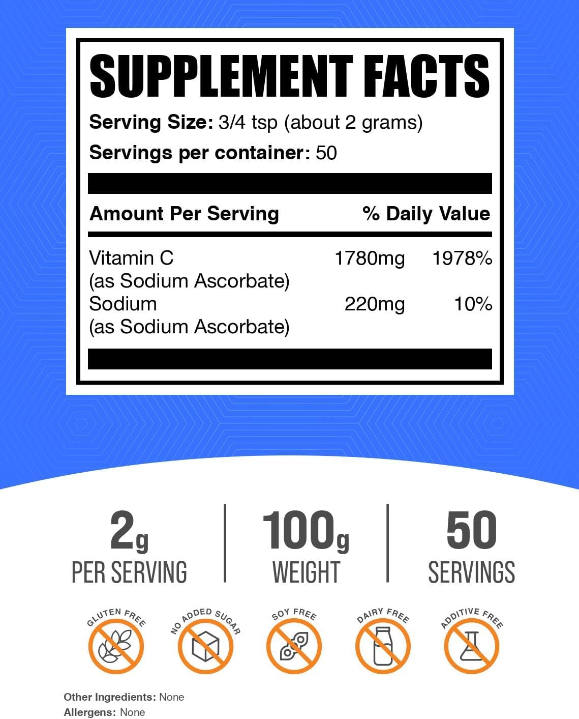 BulkSupplements.com Buffered Sodium Ascorbate Powder - High Strength Vitamin C Supplement for Immune Health - Gluten Free, 100g (3.5 oz)