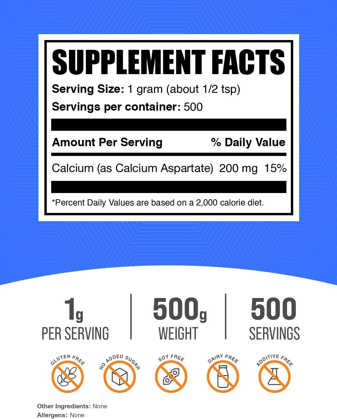 BulkSupplements.com Calcium Aspartate Powder - Gluten Free Calcium Supplement Powder, 200mg Calcium Aspartate - 1000mg per Serving, 500g (1.1 lbs) Pack