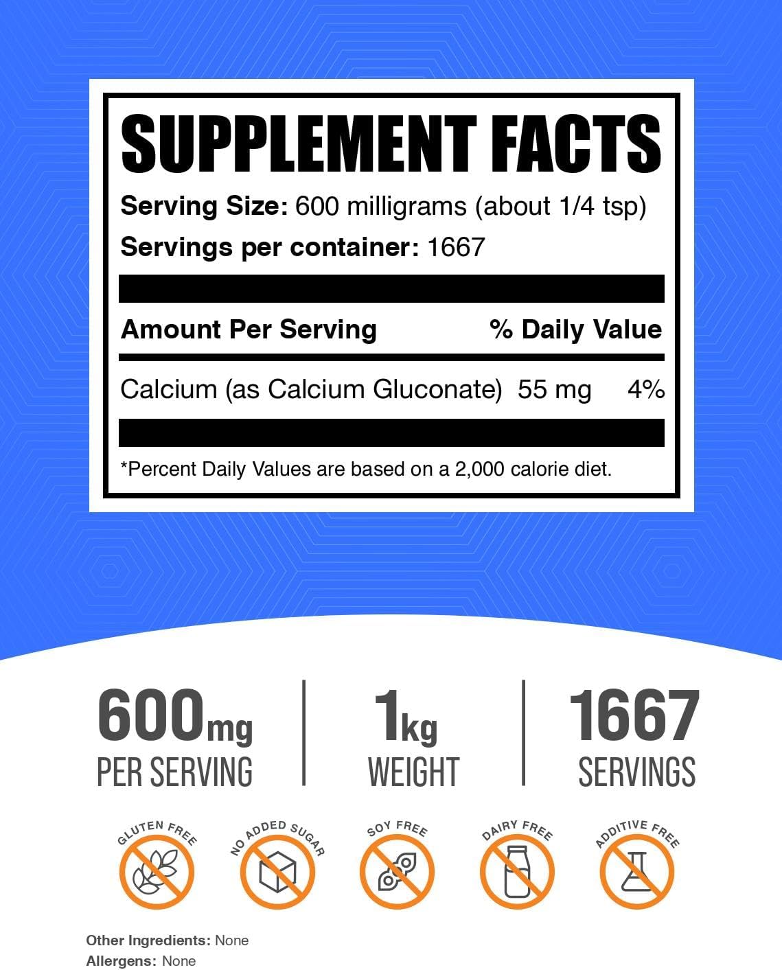 BulkSupplements.com Calcium Gluconate Powder - High Potency Calcium Supplement - Gluten Free, 1kg (2.2 lbs) Pack