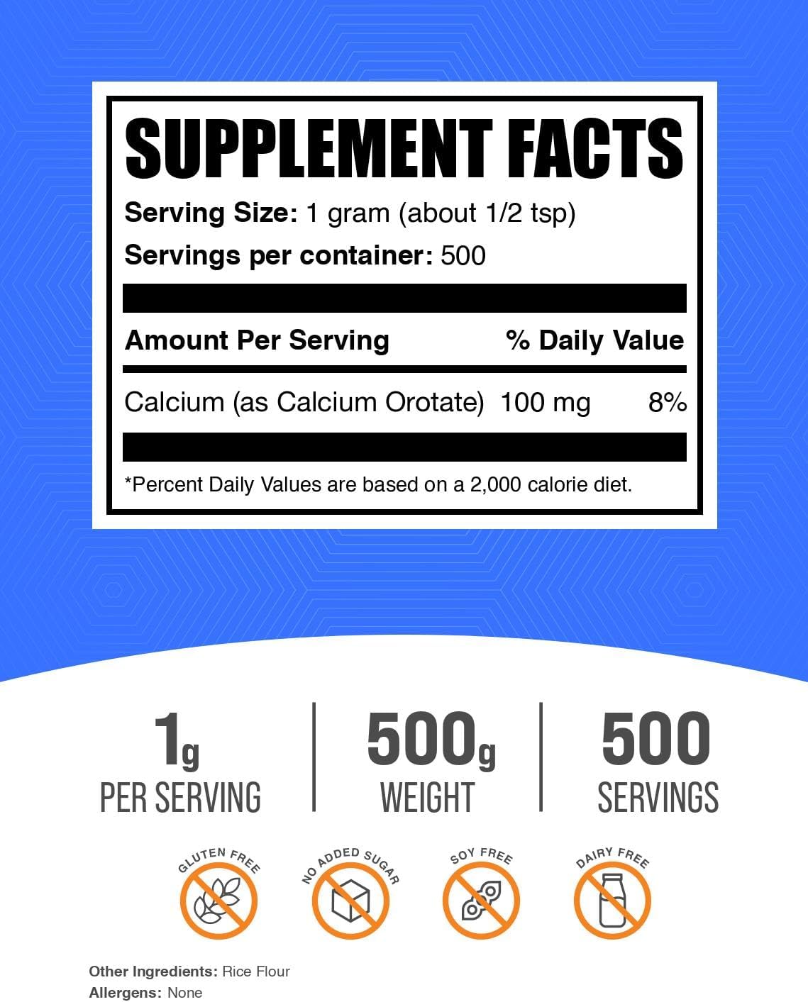 BulkSupplements.com Calcium Orotate Powder - High Potency Calcium Supplement - 1000mg per Serving - Gluten Free - 500g (1.1 lbs) Pack