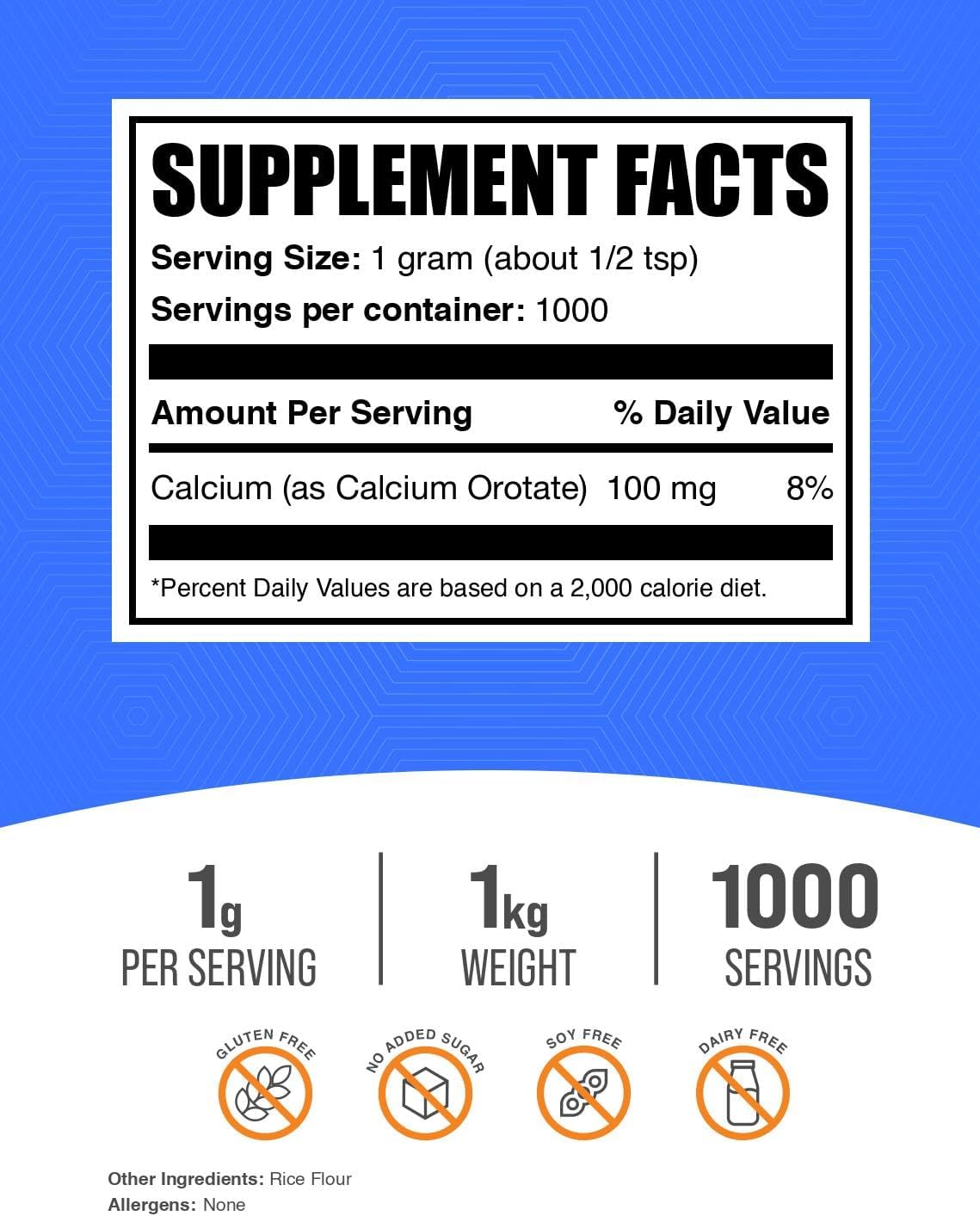 BulkSupplements.com Calcium Orotate Powder - High Strength Calcium Supplement - 1000mg per Serving - Gluten Free - 1kg (2.2 lbs) Pack