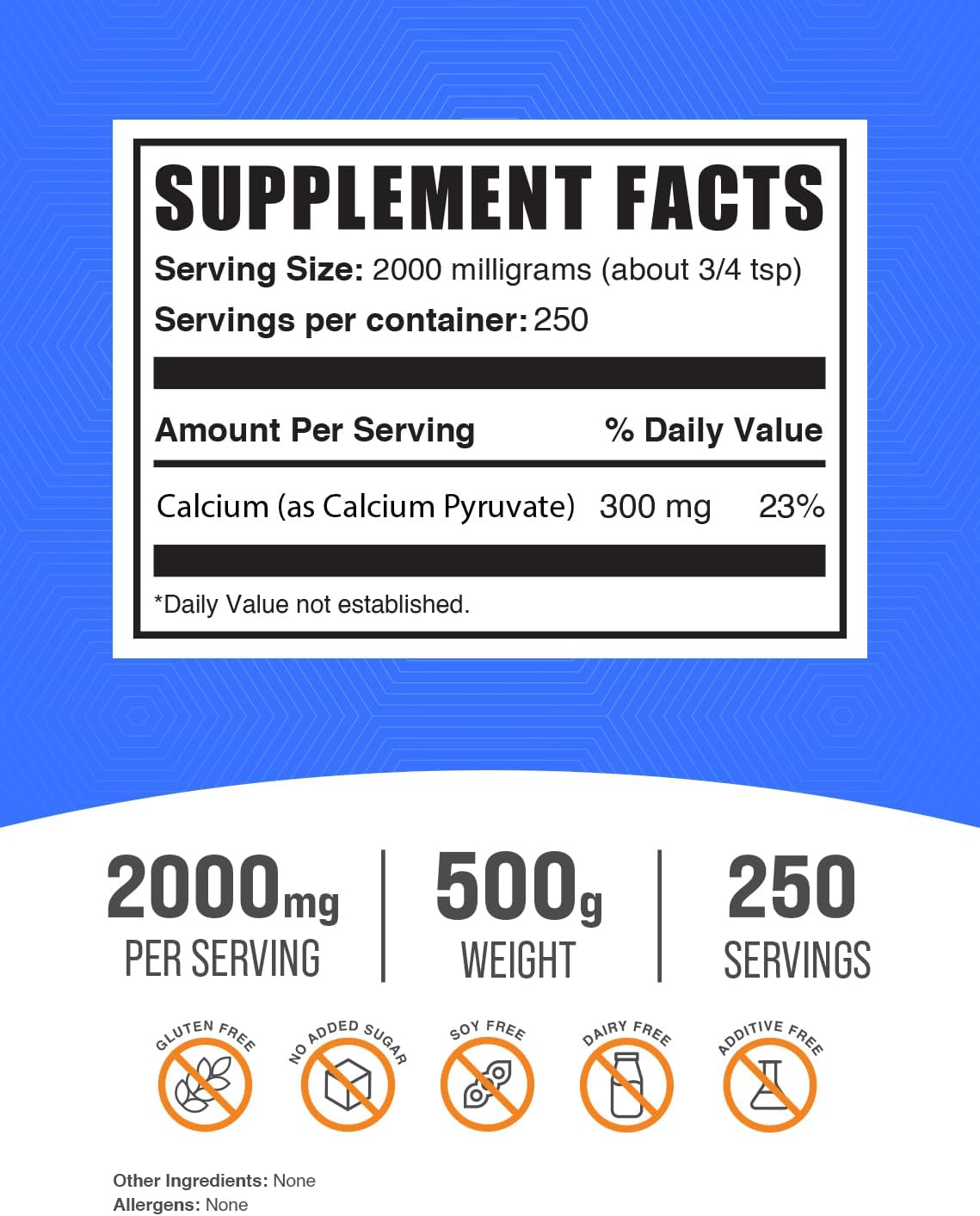 BulkSupplements.com Calcium Pyruvate Powder 2000mg - High Potency Calcium & Pyruvate Supplement - 500g (1.1 lbs) - 300mg Calcium per Serving