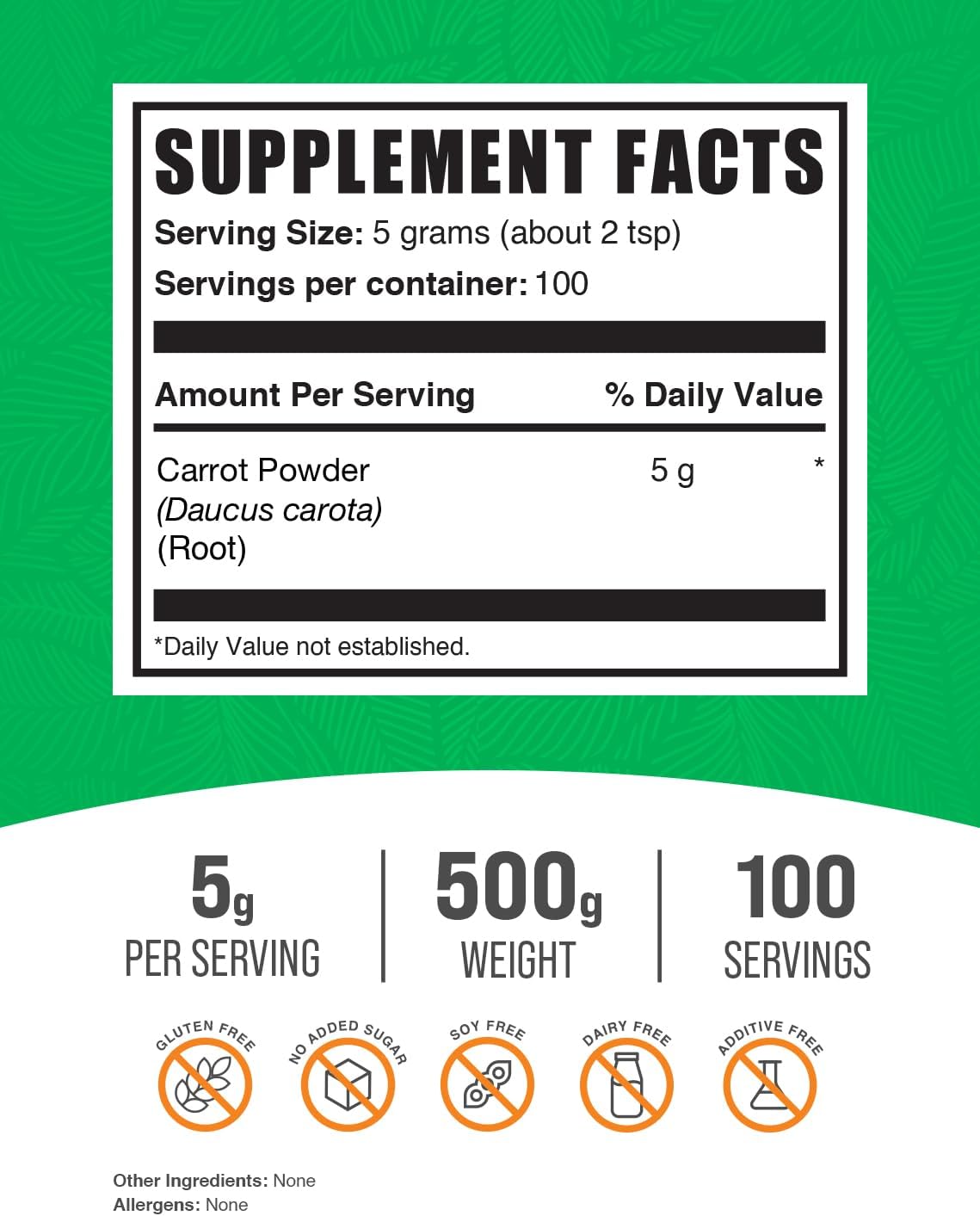 BulkSupplements.com Carrot Powder - Superfood Supplement for Smoothies & Baking - Vegan & Gluten Free - 500g (1.1 lbs) Pack of 1