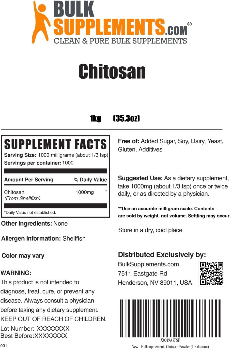 BulkSupplements.com Chitosan Powder - High Fiber Supplement - 1000mg Chitosan Supplements for Kidney Health - Shellfish Source - 5kg (11 lbs) - 5000 Servings