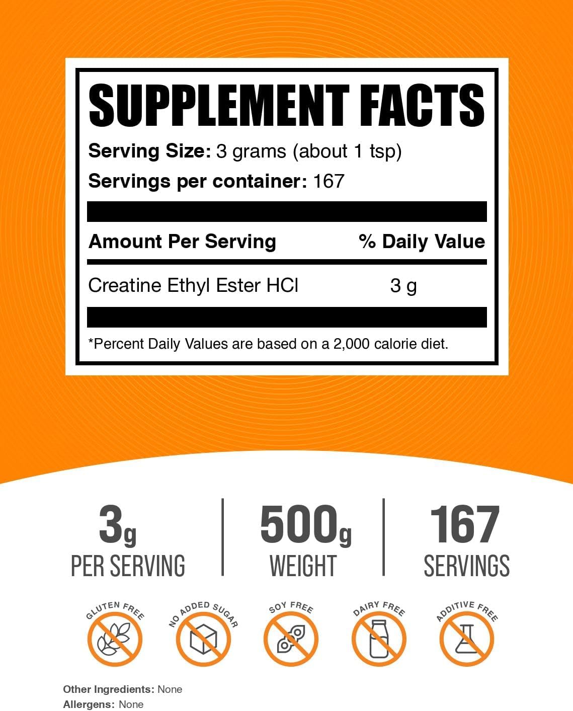 BulkSupplements.com Creatine Ethyl Ester HCl Powder - Unflavored & Gluten Free - 500g - 3g per Serving - Pack of 1