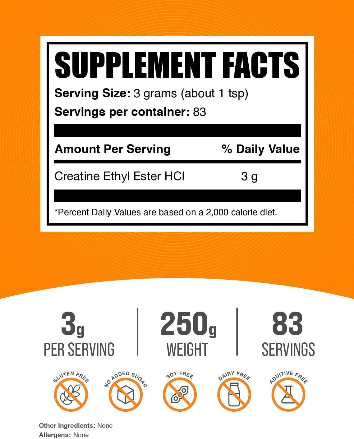 BulkSupplements.com  Creatine Ethyl Ester HCl Powder - Unflavored & Gluten Free - 250g (8.8 oz) - 3g per Serving - Pack of 1