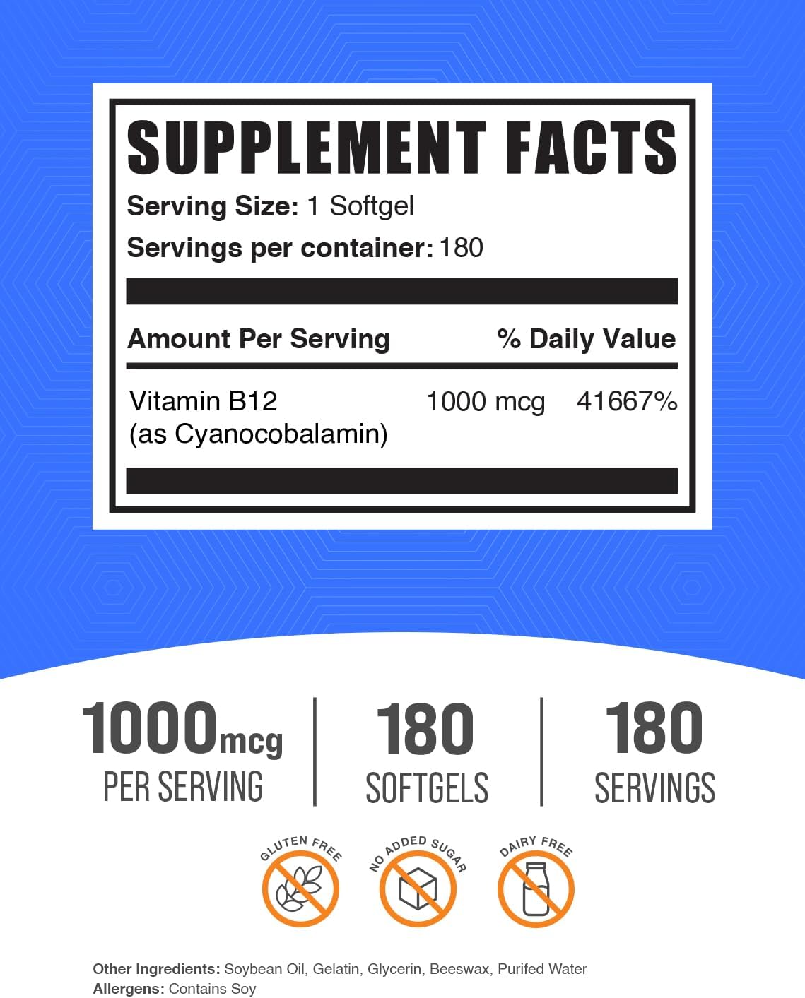 BulkSupplements.com Cyanocobalamin Vitamin B12 1000mcg Softgels - Gluten Free Supplement, 180 Count