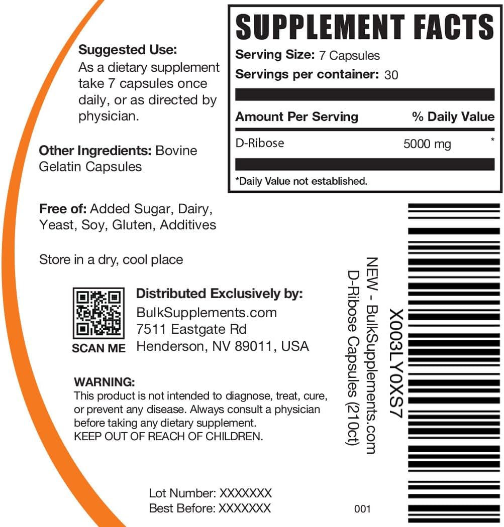 BulkSupplements.com D-Ribose Capsules - High Strength Ribose Supplement for Energy Support - 5000mg, Unflavored, Gluten Free - 210 Capsules