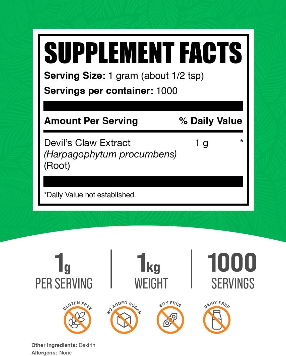 BulkSupplements.com Devil's Claw Extract Powder - Herbal Supplement Root Powder, Gluten-Free, 1000mg per Serving, 1kg (2.2 lbs)