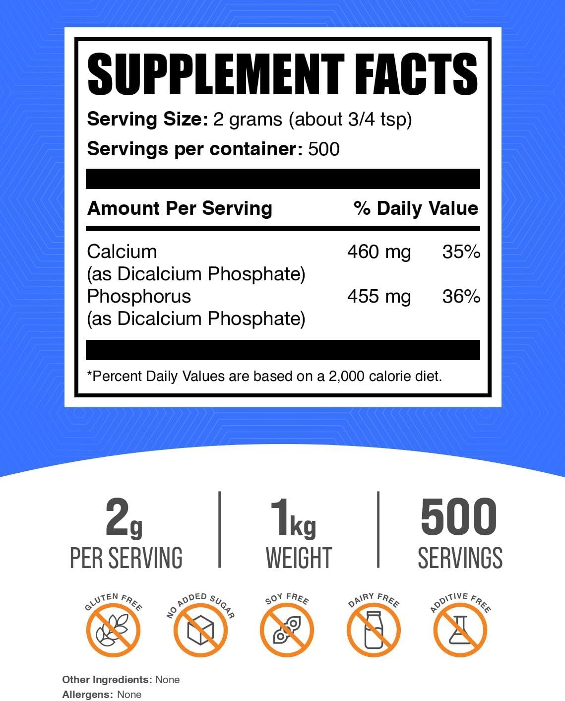BulkSupplements.com Dicalcium Phosphate Powder - 2000mg per Serving, Unflavored & Gluten Free Calcium Supplement - Ideal Leavening Agent - 1kg (2.2 lbs) Pack