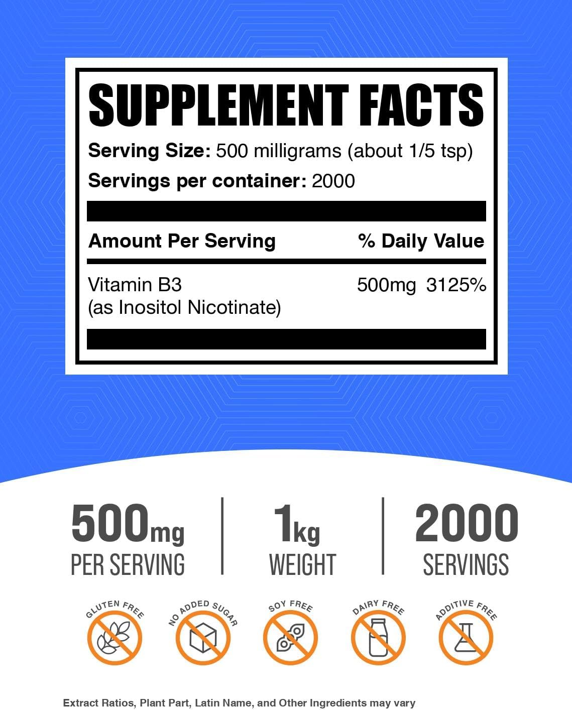 BulkSupplements.com Flush Free Niacin Powder 500mg – Inositol Hexanicotinate Vitamin B3 Supplement, Gluten Free, 1kg (2.2 lbs) Pack of 1