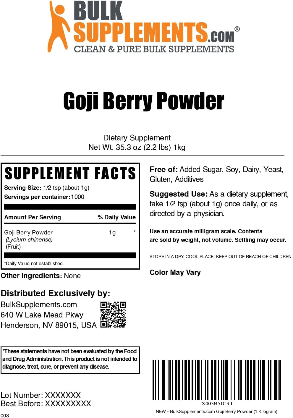 BulkSupplements.com Goji Berry Extract Powder - Herbal Supplement, Gluten Free, 1000mg per Serving, 1kg (2.2 lbs) Pack