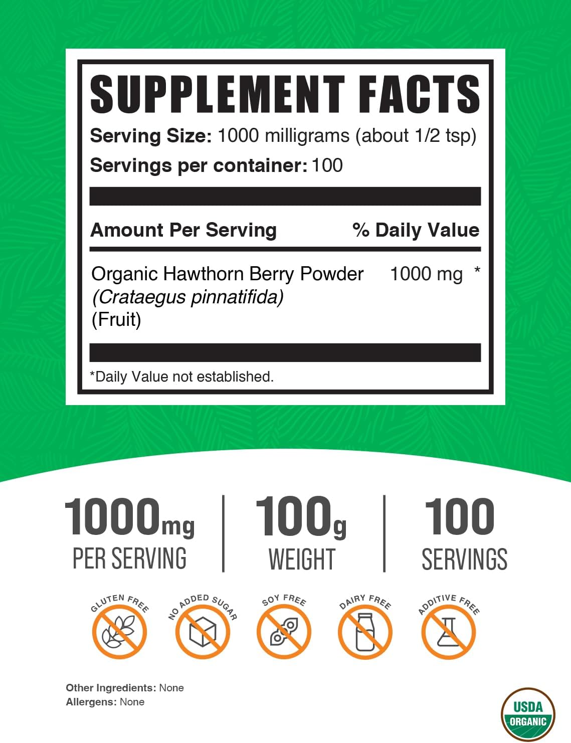 BulkSupplements.com Hawthorn Berry Powder - Organic Supplement, Vegan & Gluten Free, 1g per Serving, 100g (3.5 oz) Pack