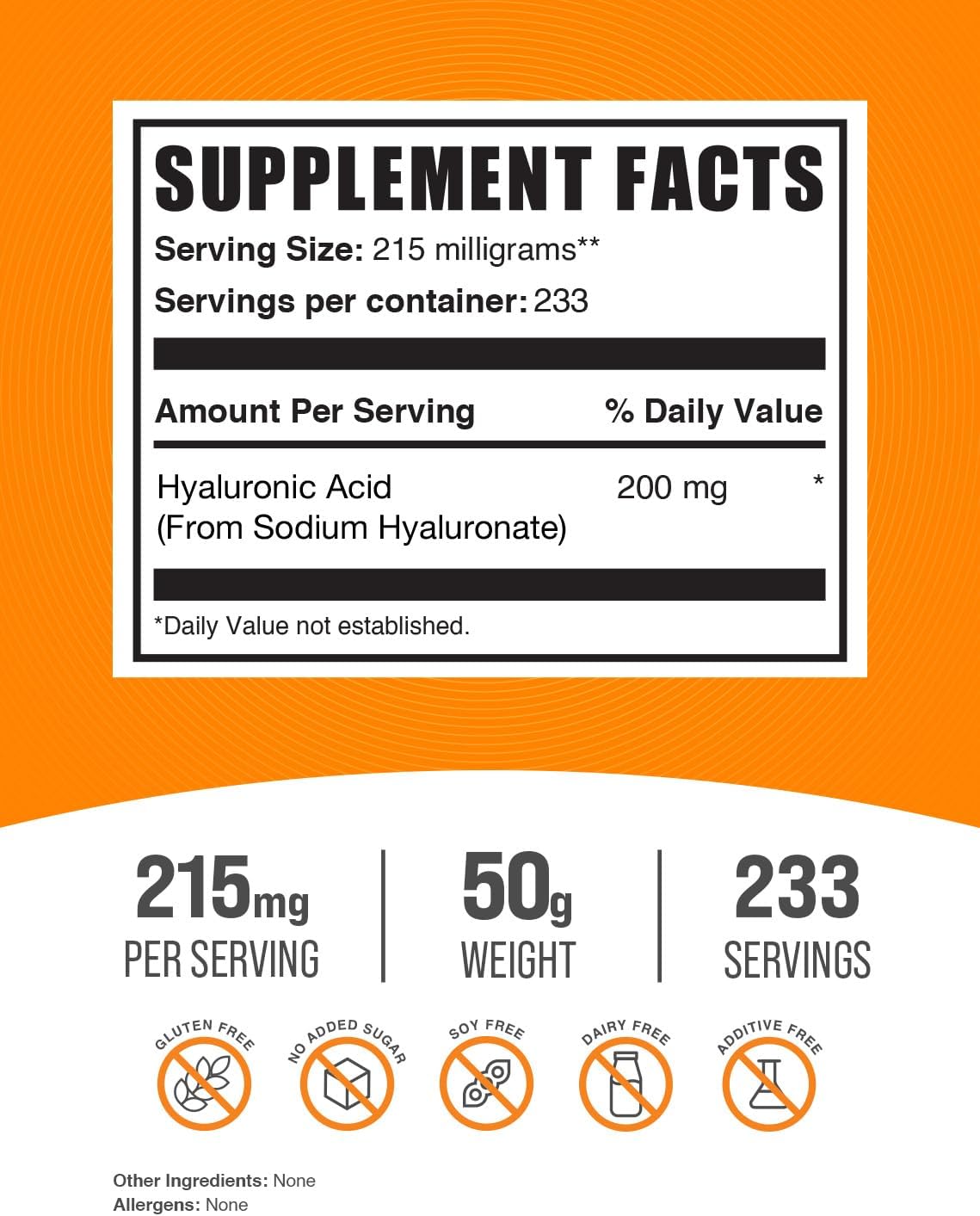 BulkSupplements.com Hyaluronic Acid Powder 50g (1.8 oz) - Food Grade Supplement with 215mg per Serving - Gluten Free - Pack of 1
