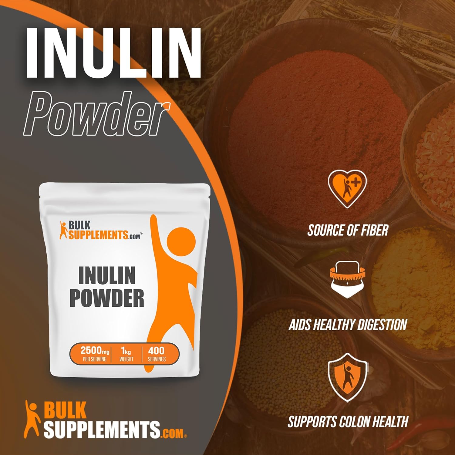 BulkSupplements.com Inulin Powder - Vegan & Gluten Free Soluble Fiber Supplement - 2500mg per Serving, 1kg (2.2 lbs) - Pack of 1
