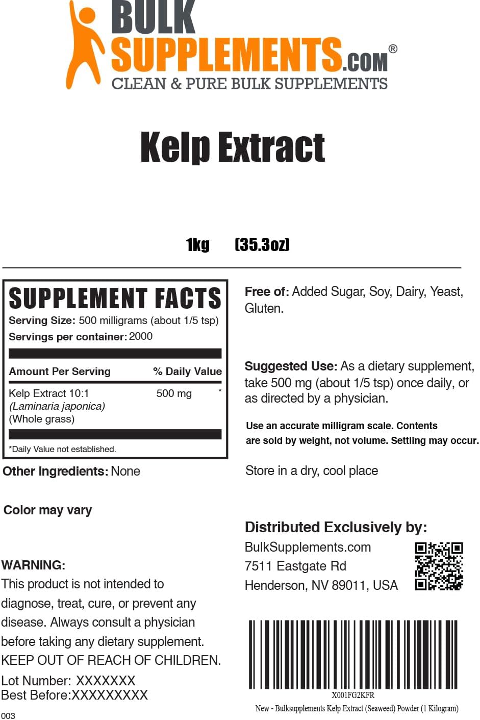 BulkSupplements.com Kelp Extract Powder - Brown Seaweed Supplement, Gluten Free, 500mg per Serving - 25kg (55 lbs) Total Weight