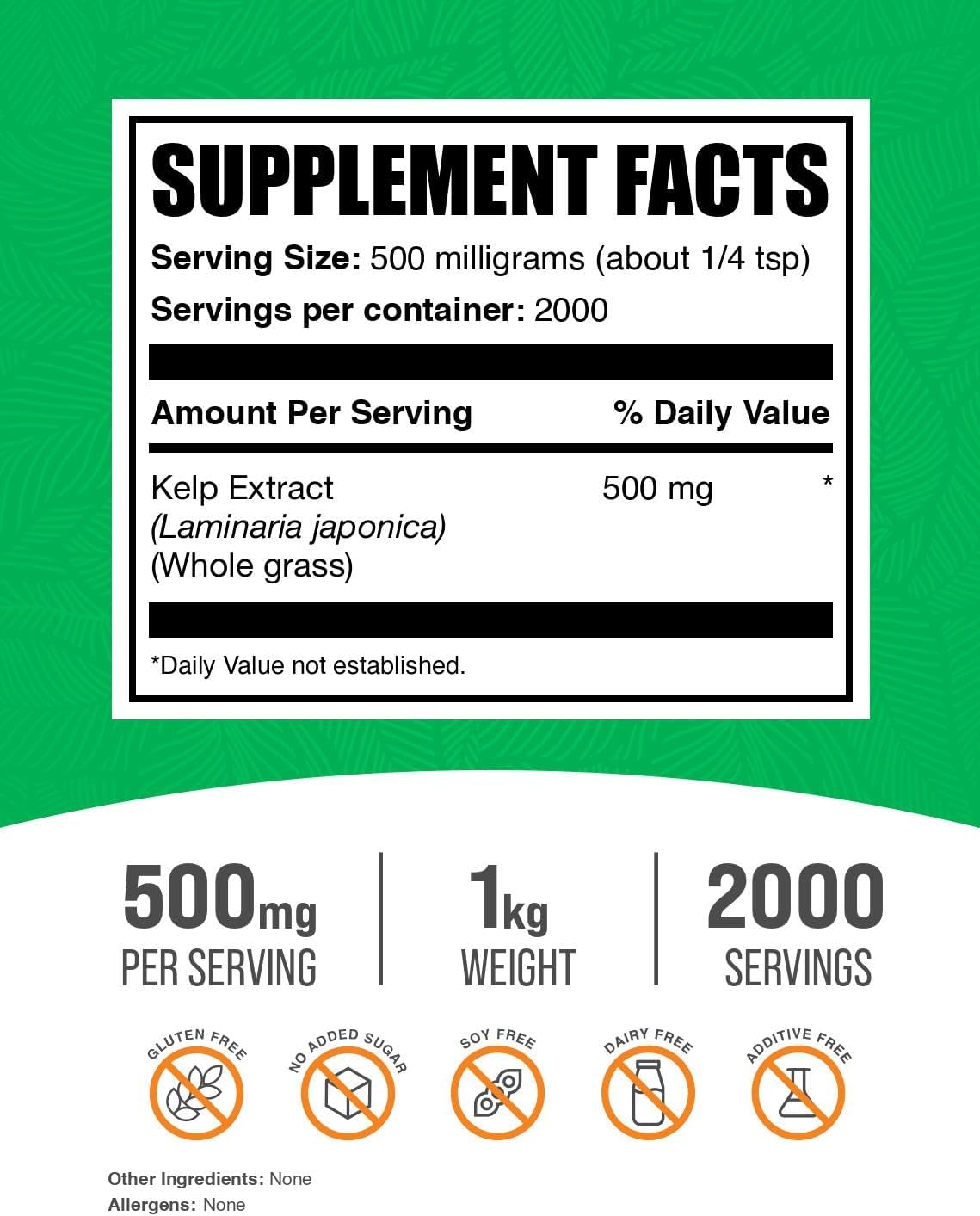 BulkSupplements.com Kelp Extract Powder - Brown Seaweed Supplement, Gluten Free - 1kg (2.2 lbs) Pack of 1 - Seaweed Extract Powder, 500mg per Serving