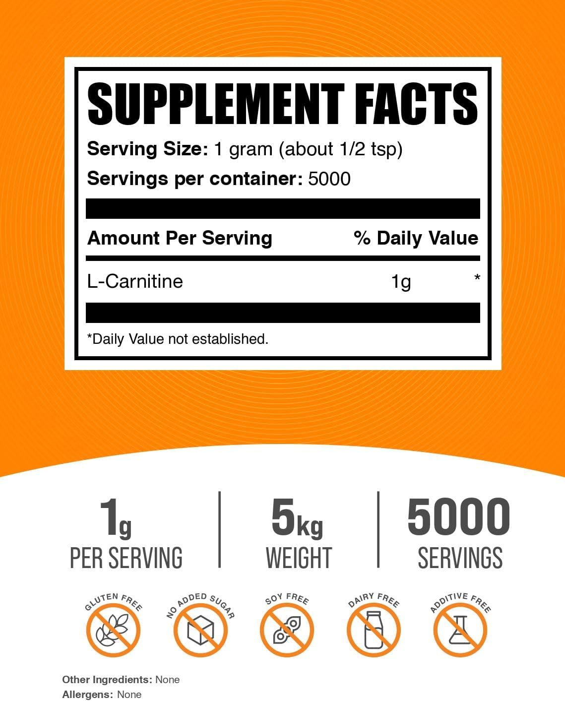 BulkSupplements.com L-Carnitine Powder 5kg (11 lbs) - High Quality Carnitine Supplement, 1000mg per serving, Gluten Free Amino Acid Supplement - Pack of 5
