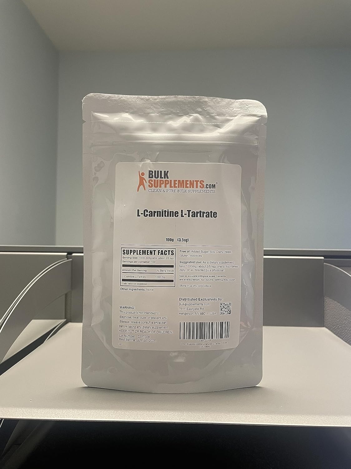 BulkSupplements.com L-Carnitine Tartrate Powder - 1000mg Carnitine Supplement, Unflavored & Gluten Free - 100g (3.5 oz) Pack of 1