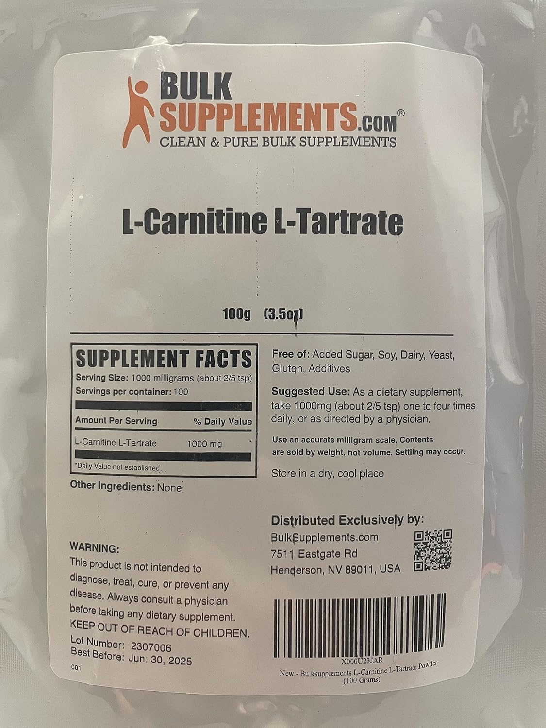 BulkSupplements.com L-Carnitine Tartrate Powder - 1000mg Carnitine Supplement, Unflavored & Gluten Free - 100g (3.5 oz) Pack of 1