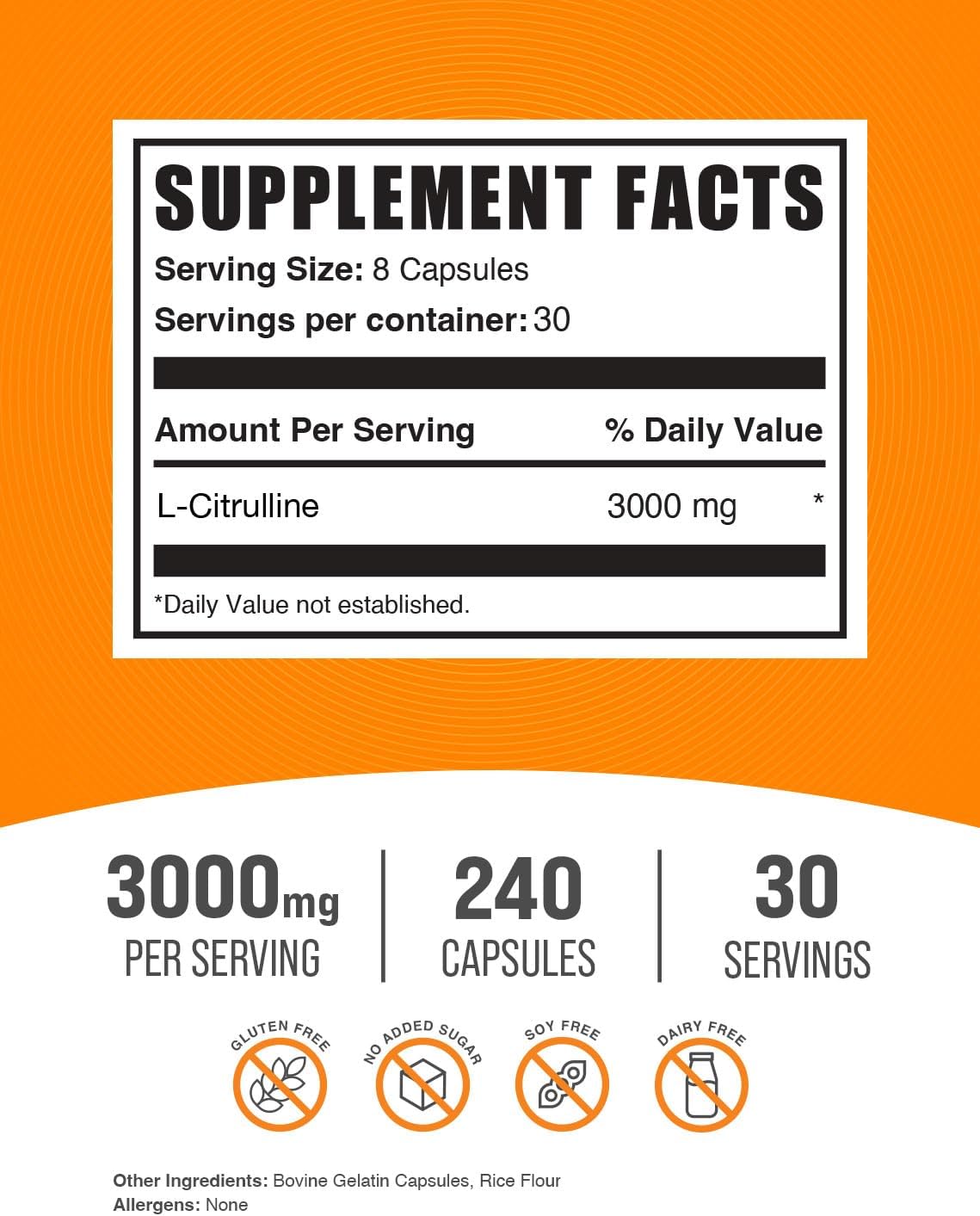 BulkSupplements.com L-Citrulline Capsules - 3000mg Citrulline Supplement, Gluten Free - 240 Capsules