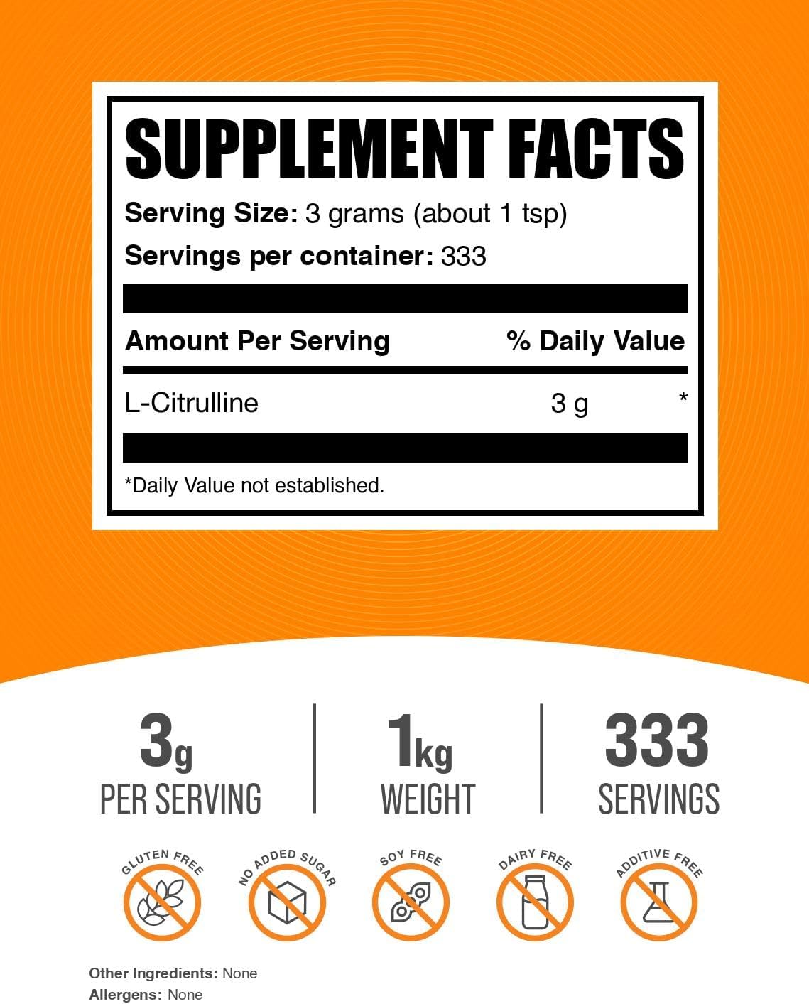 BulkSupplements.com L-Citrulline Powder - 3000mg Citrulline Supplement, Unflavored, Gluten Free - 1kg (2.2 lbs)