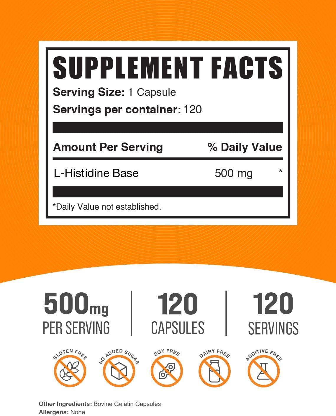 BulkSupplements.com L-Histidine Capsules - High-Quality L-Histidine Supplement, Essential Amino Acid - Gluten-Free, 120 Capsules per Pack