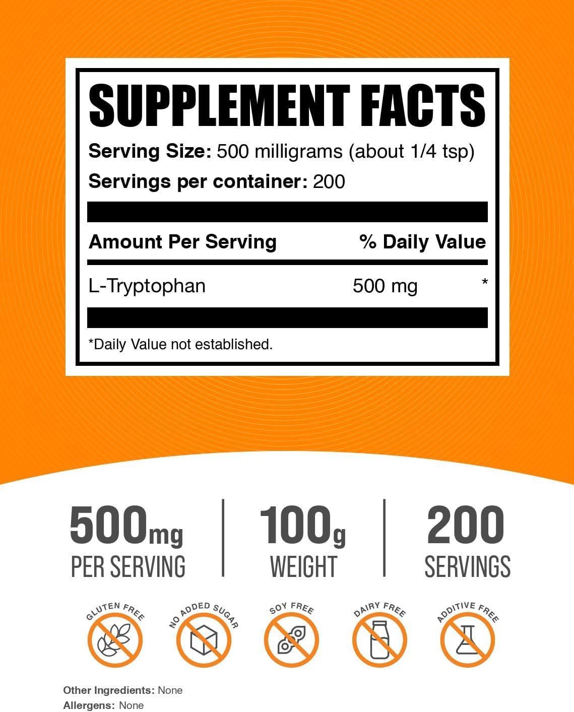 BulkSupplements.com L-Tryptophan Powder - 500mg Amino Acid Supplement, Gluten Free - 100g (3.5 oz) Pack of 1