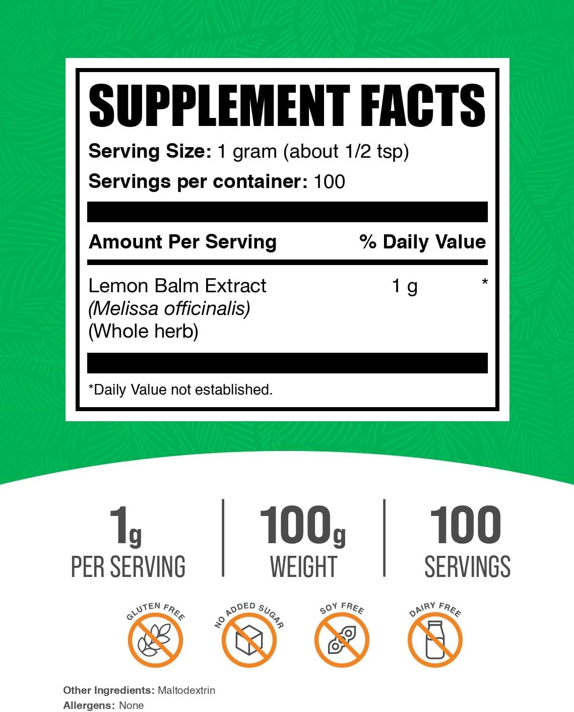 BulkSupplements.com Lemon Balm Extract Powder - Vegan & Gluten Free Supplement - 1000mg per Serving - 100g (3.5 oz)