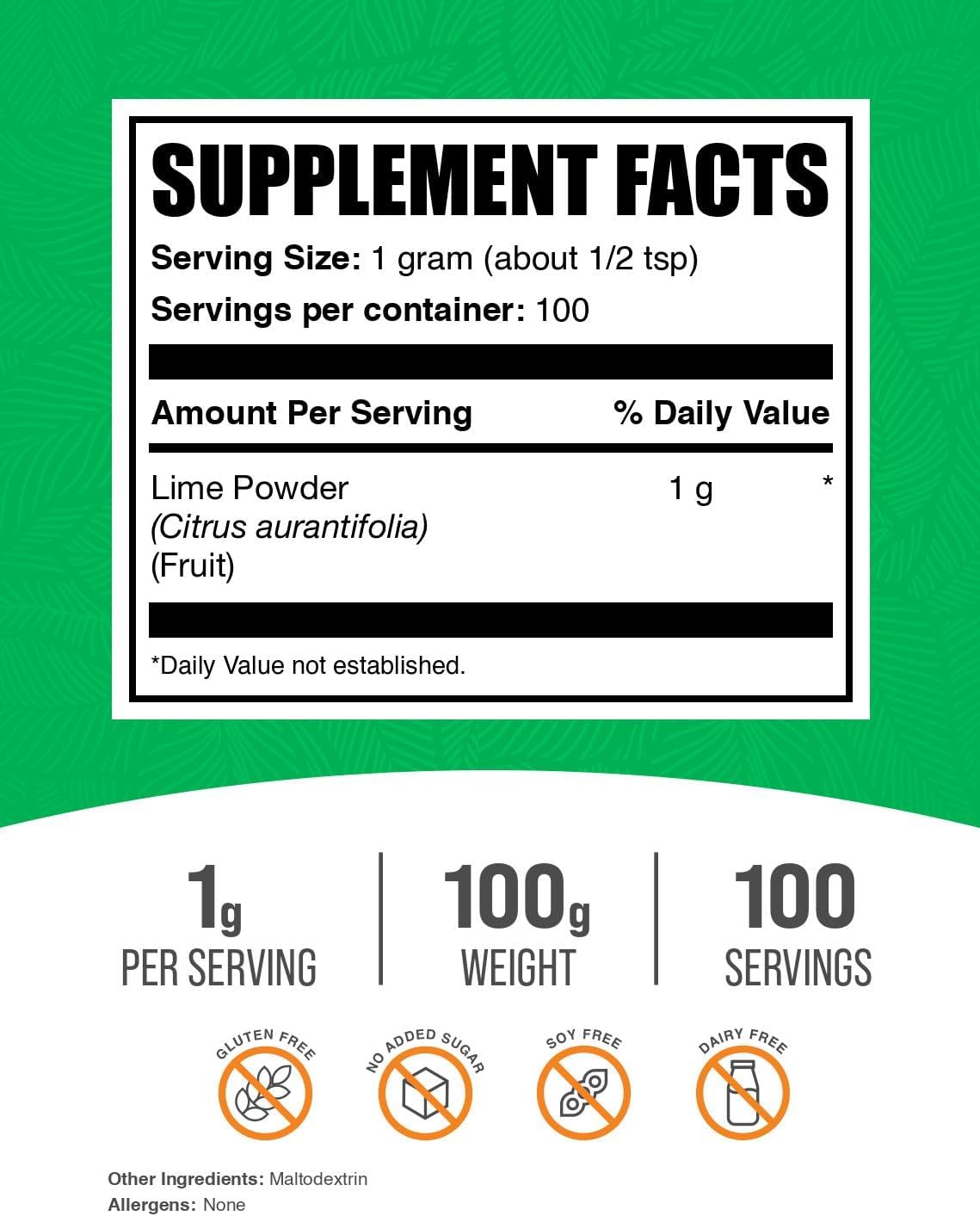BulkSupplements.com Lime Powder - 100g Dehydrated Lime Fruit Powder for Flavoring, Gluten Free, Air Dried, 1000mg per Serving