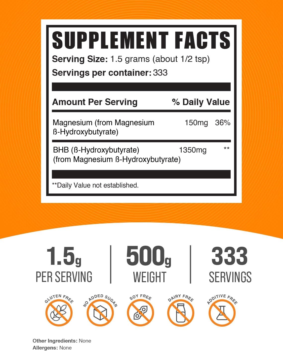 BulkSupplements.com Magnesium BHB Powder - 1500mg per Serving, Electrolyte & BHB Supplement - Gluten-Free, 500g (1.1 lbs)