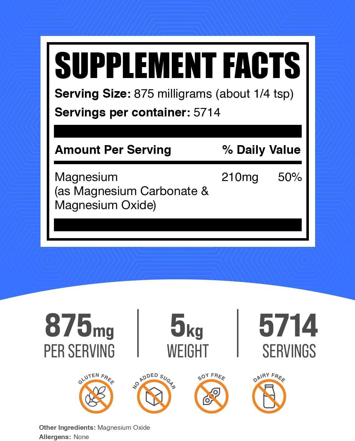 BulkSupplements.com Magnesium Carbonate Powder - Food Grade Supplement, Gluten Free, 875mg per Serving - 5kg (11 lbs) (Pack of 5)