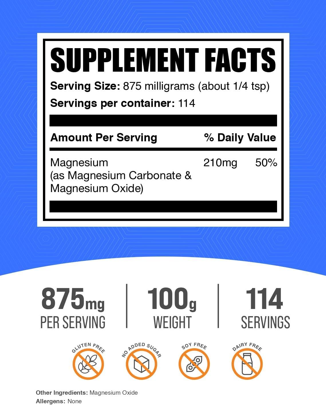 BulkSupplements.com Magnesium Carbonate Powder - Pure Magnesium Carbonate Supplement, Food Grade, Gluten Free - 875mg per Serving, 100g (3.5 oz) Pack