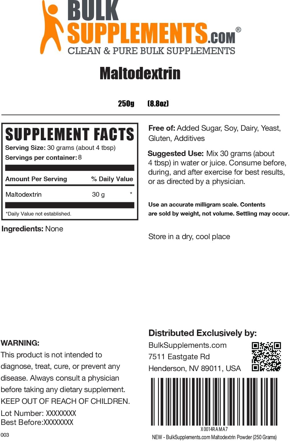 BulkSupplements.com Maltodextrin Powder - Energy Boost Supplement, Food Grade, Unflavored & Gluten Free - 250g (8.8 oz) Pack of 1