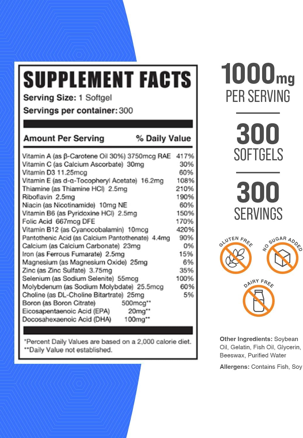 BulkSupplements.com Men's 50 Plus Multivitamin Softgels - Daily Multivitamin with Fish Oil - 300 Count Pack - Men's Multimineral Supplement