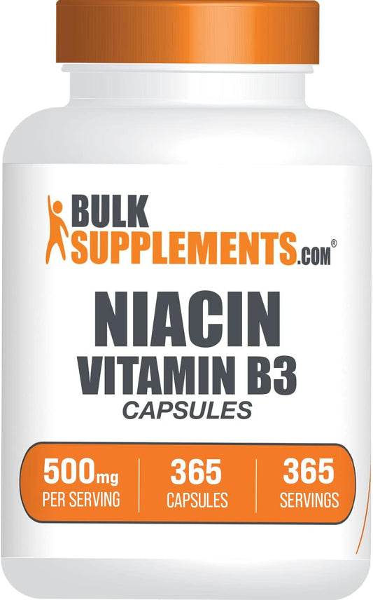 BulkSupplements.com Niacin Capsules - Vitamin B3 Supplement with Flushing Effect, 500mg Niacin, Gluten Free - 365 Capsules, 1 Capsule/Serving