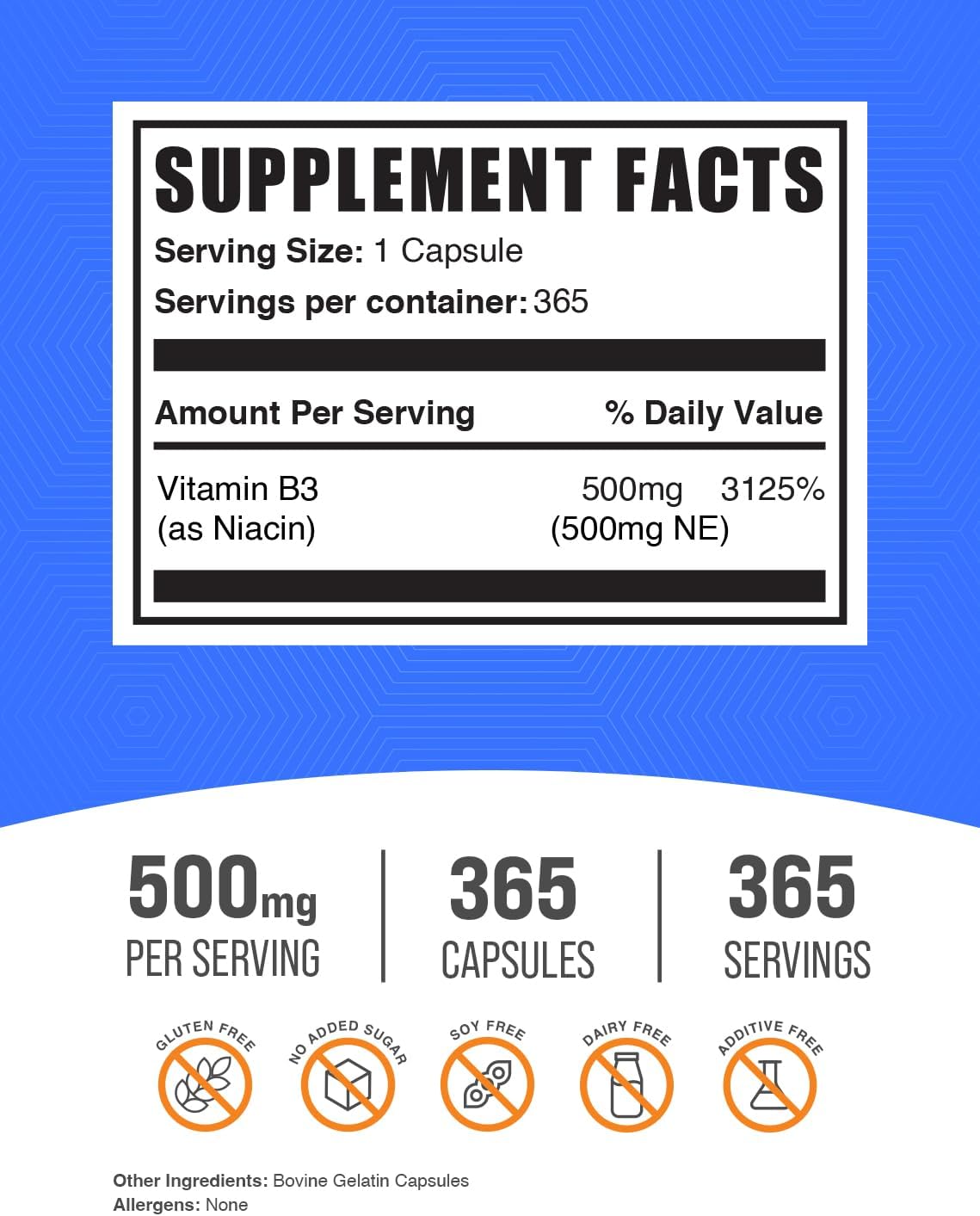 BulkSupplements.com Niacin Capsules - Vitamin B3 Supplement with Flushing Effect, 500mg Niacin, Gluten Free - 365 Capsules, 1 Capsule/Serving