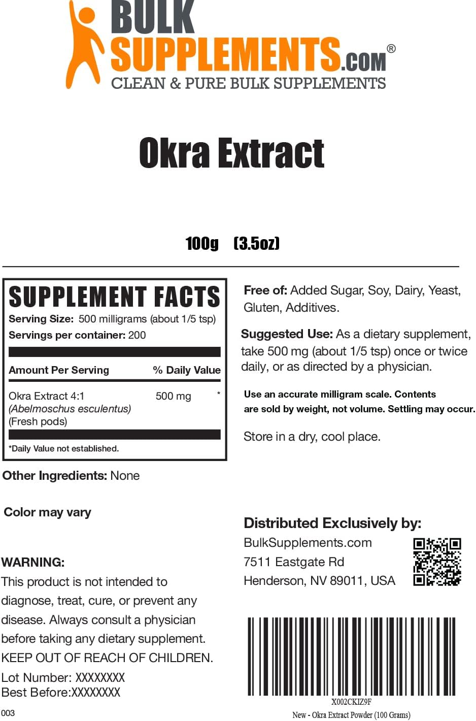 BulkSupplements.com Okra Extract Powder - High Fiber Digestion Supplement - 100g - 3.5 oz