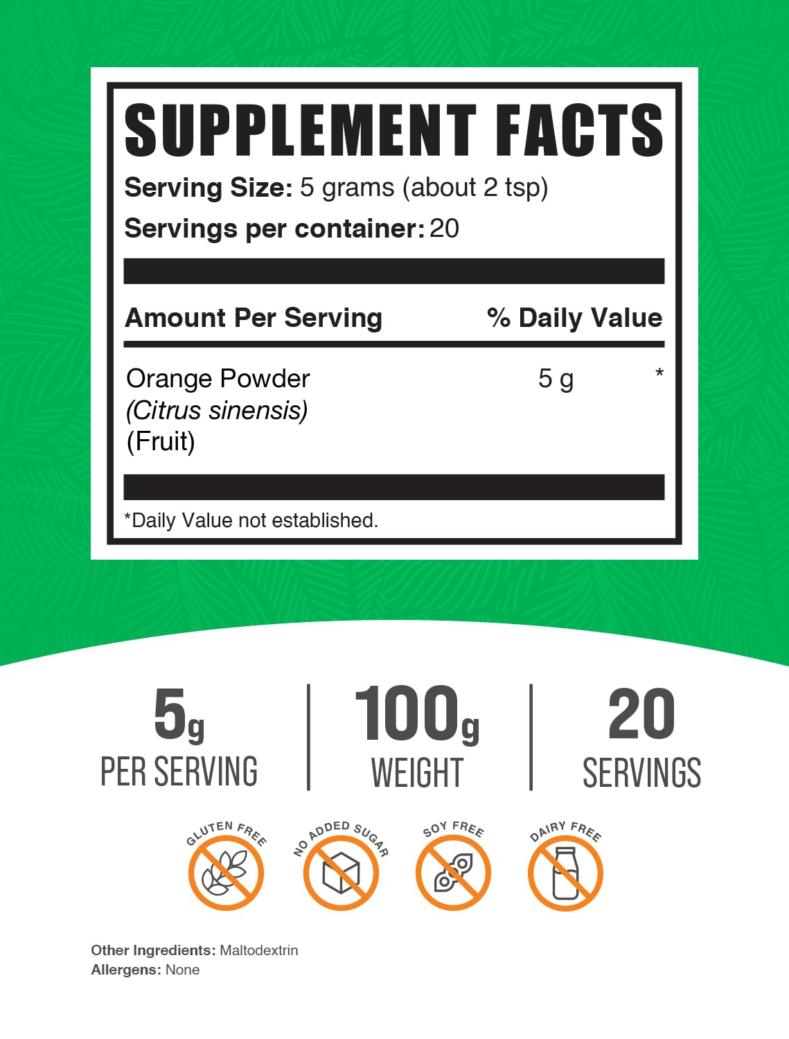 BulkSupplements.com Orange Fruit Powder - Nutrient-Rich Orange Supplement Powder, Gluten Free, 5g per Serving, 100g (3.5 oz) Pack