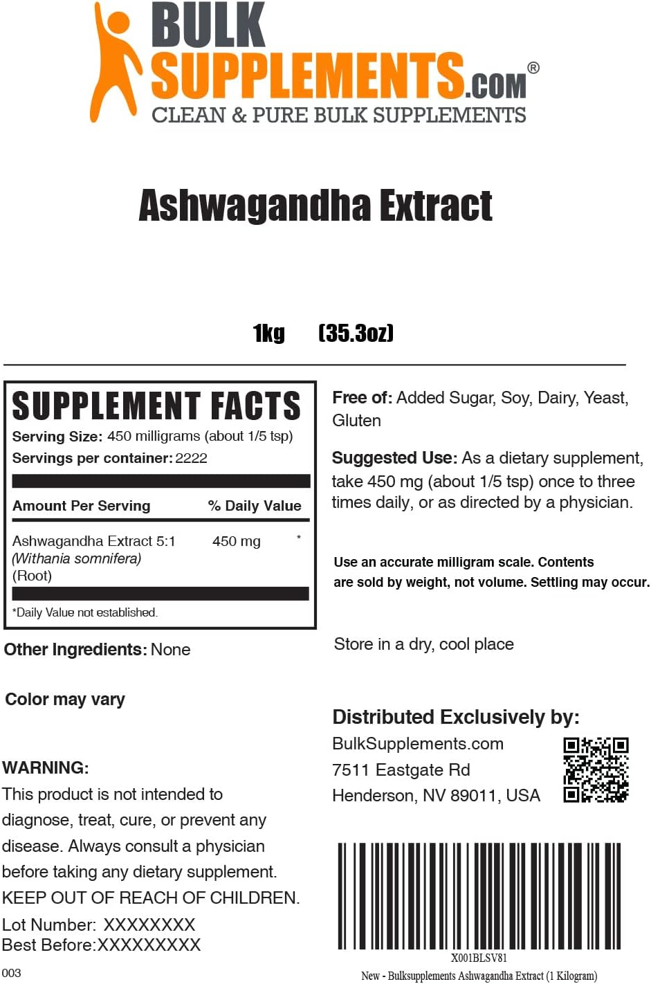 BulkSupplements.com Organic Ashwagandha Root Extract Powder - Vegan & Gluten Free - 600mg per Serving - 1kg (2.2 lbs) Pack of 1